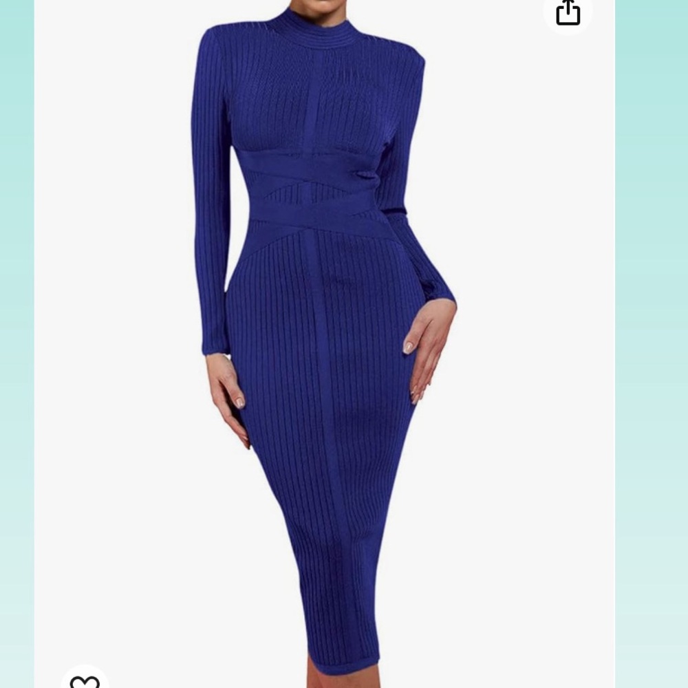 Midi Ribbed Knit Bodycon Dress in Cobalt Blue
